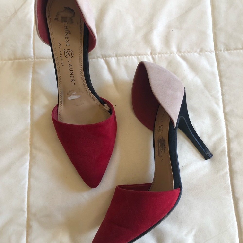 Red and tan suede heels by Chinese Laundry. Size 8